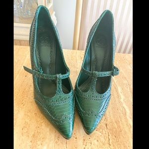 Tory Burch Everly green leather snake print pump